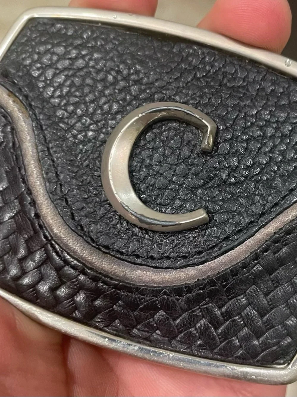 Men's Black Leather Belt Buckle with Silver 'C' Emblem